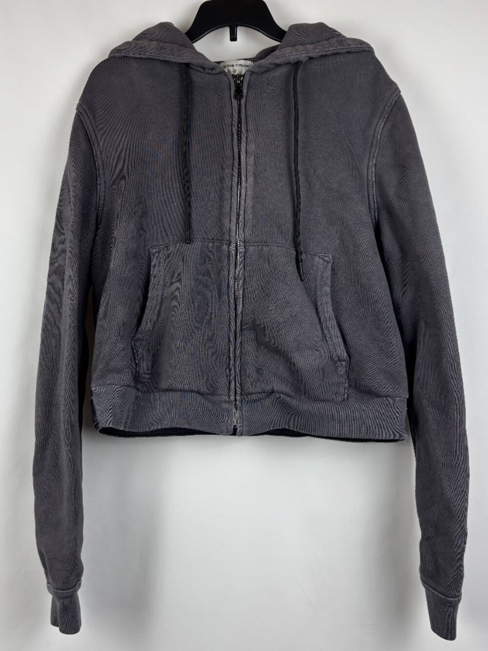 Small Light Gray Full Zip Hoodie Crop Sweater Denim Back Tie Long Sleeve Buttons